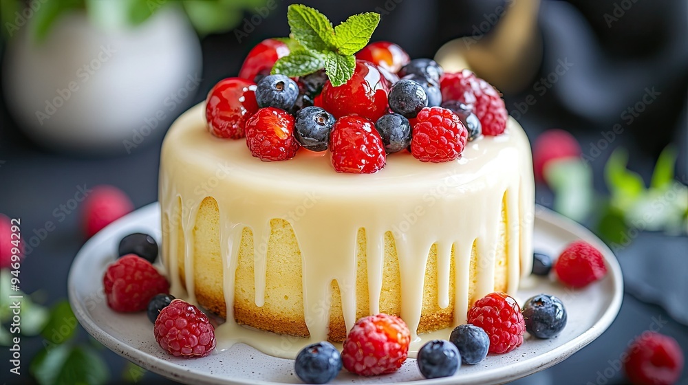 Butter vanilla cake for breakfast, beautifully garnished with fresh berries and a smooth glaze. A sweet way to start the day. Butter vanilla cake for breakfast, beautifully garnished with fresh berries and a smooth glaze. A sweet way to start the day.