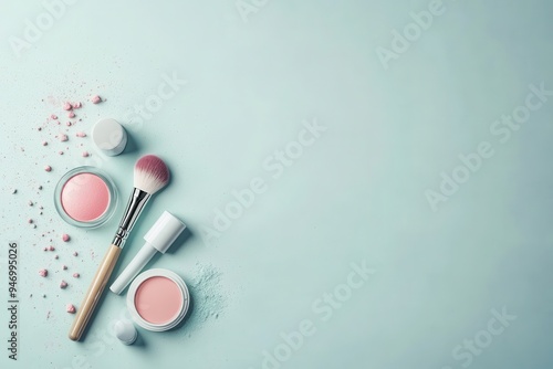 A minimalist arrangement features a lipstick, makeup brushes, and powder neatly placed on a soft pastel surface, showcasing beauty essentials. Generative AI