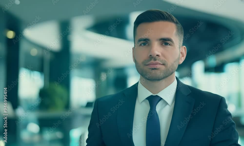 Bank Manager in Modern Lobby Promoting Financial Services Bank Manager in Modern Lobby Promoting Financial Services