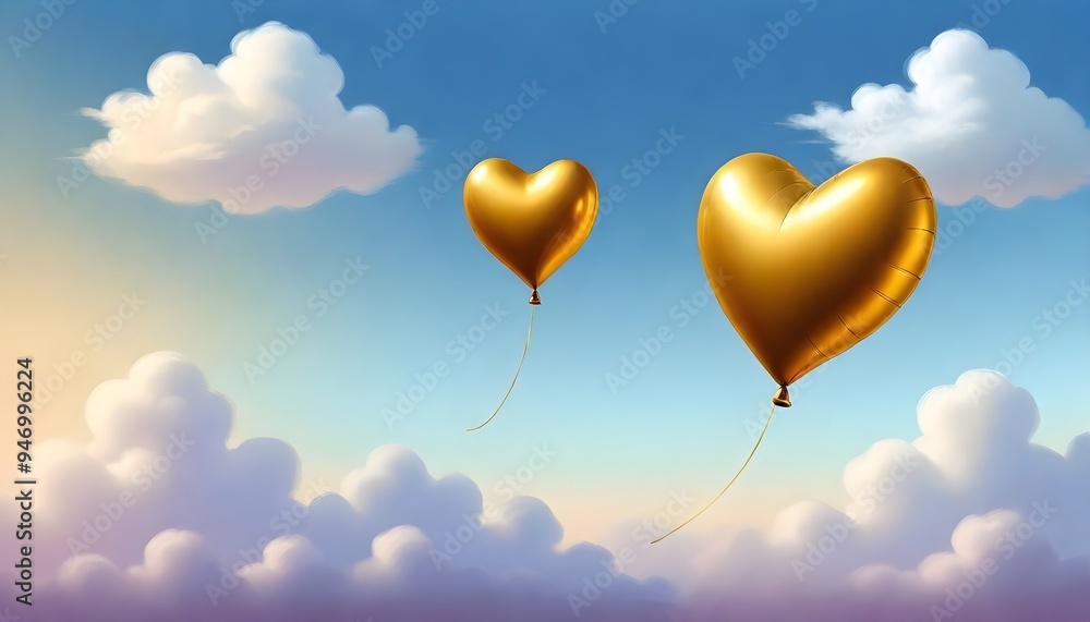 Fototapeta premium Golden Heart Shaped Balloon Sky Background Illustration Love Valentine Graphic Design