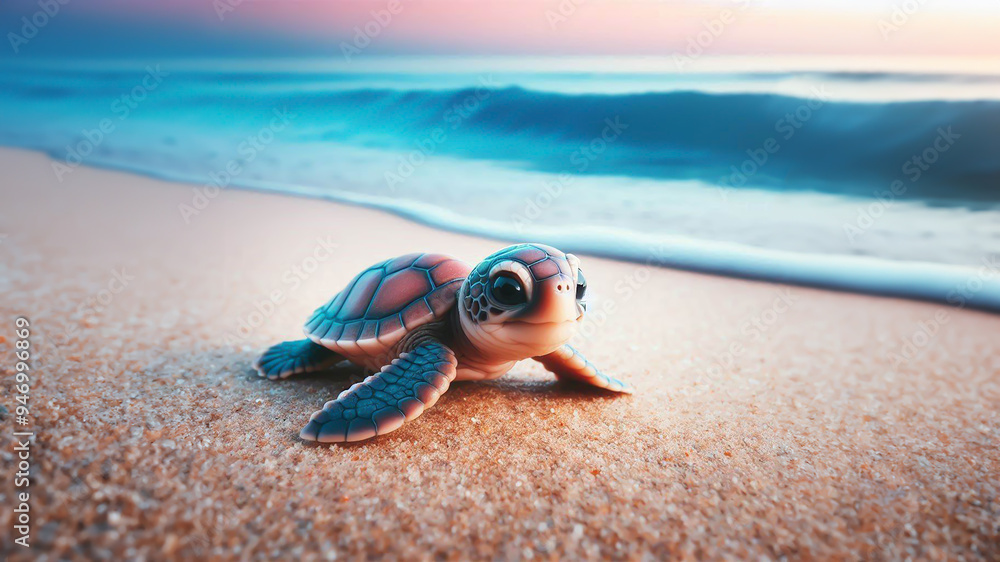 Obraz premium Cute turtle walking on the beach