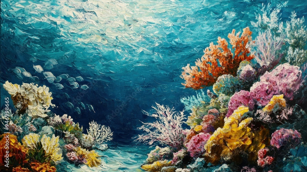 Naklejka premium Underwater Scene with Vibrant Coral Reef and Fish