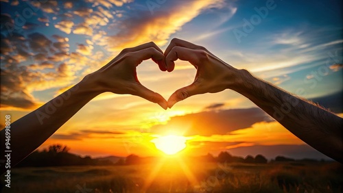 Warmly lit silhouette of hands holding each other, forming a strong circle, symbolizing love, support, and togetherness amidst a serene sunset landscape background. photo