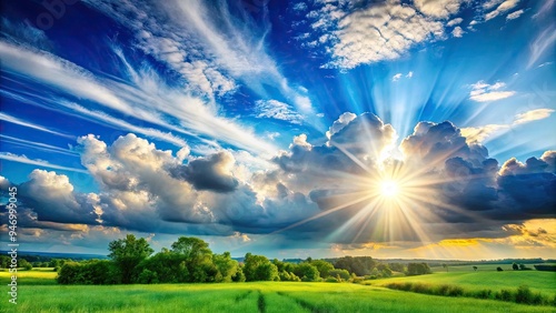 Warm sunbeams radiate through a vibrant blue sky with fluffy white clouds, casting a serene and peaceful ambiance over a lush green landscape.