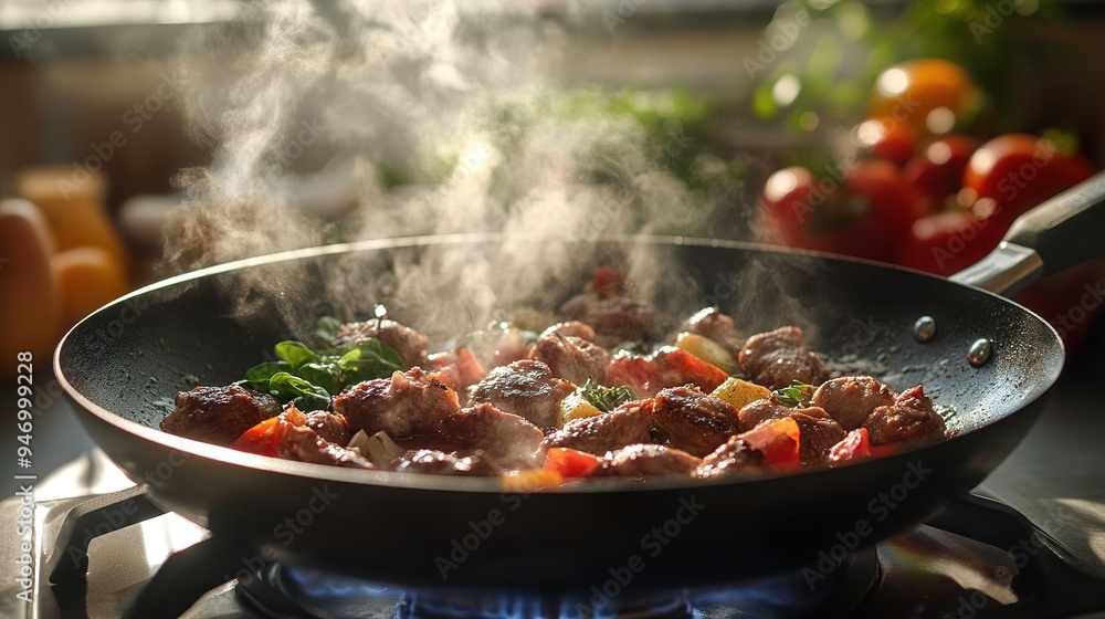 A skillet with sizzling meat and vegetables being cooked on a gas stove, with steam rising and aromatic herbs scattered on the counter A skillet with sizzling meat and vegetables being cooked on a gas stove, with steam rising and aromatic herbs scattered on the counter