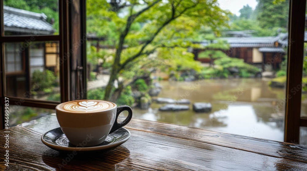 Fototapeta premium Cappuccino with perfect latte art placed on a table by a window in a Kyoto coffee shop, showcasing a serene view of a traditional Japanese garden