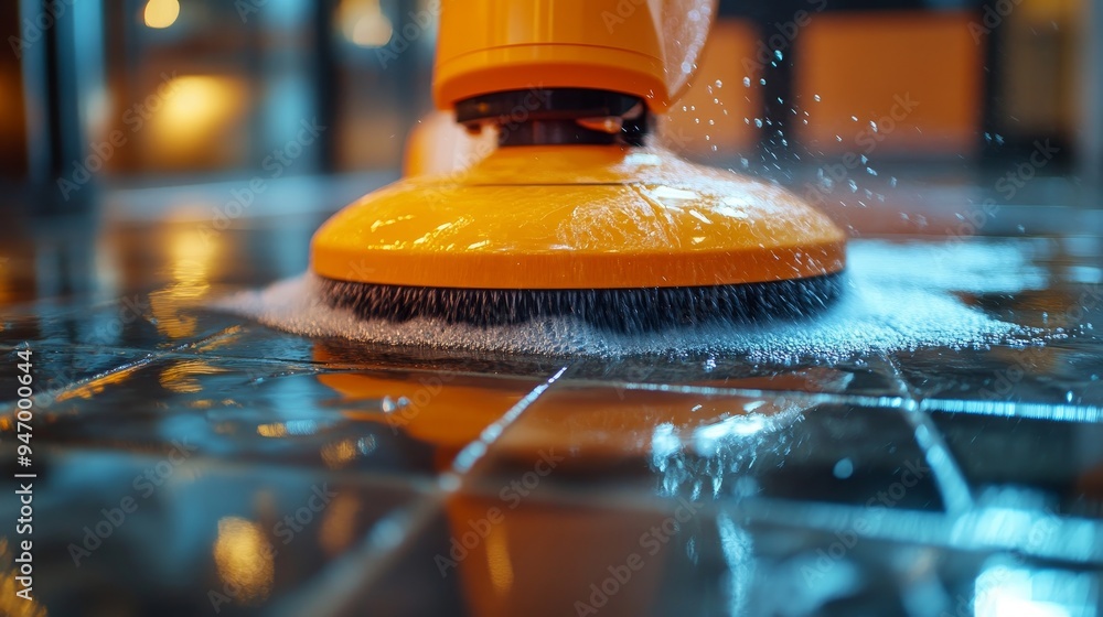Fototapeta premium Powerful jet of water from a cleaning machine, revitalizing old floor tiles, water droplets frozen mid-air, intense action shot