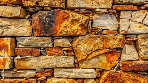 Weathered, rough-hewn stone surface displaying intricate patterns of cracks, crevices, and rusty hues, evoking a sense of ancient, rugged, and timeless natural beauty. photo