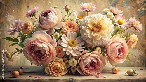 Whimsical bouquet of distressed peonies, roses, and daisies set against a soft, creamy background, evoking a romantic, nostalgic charm in warm, muted color tones.