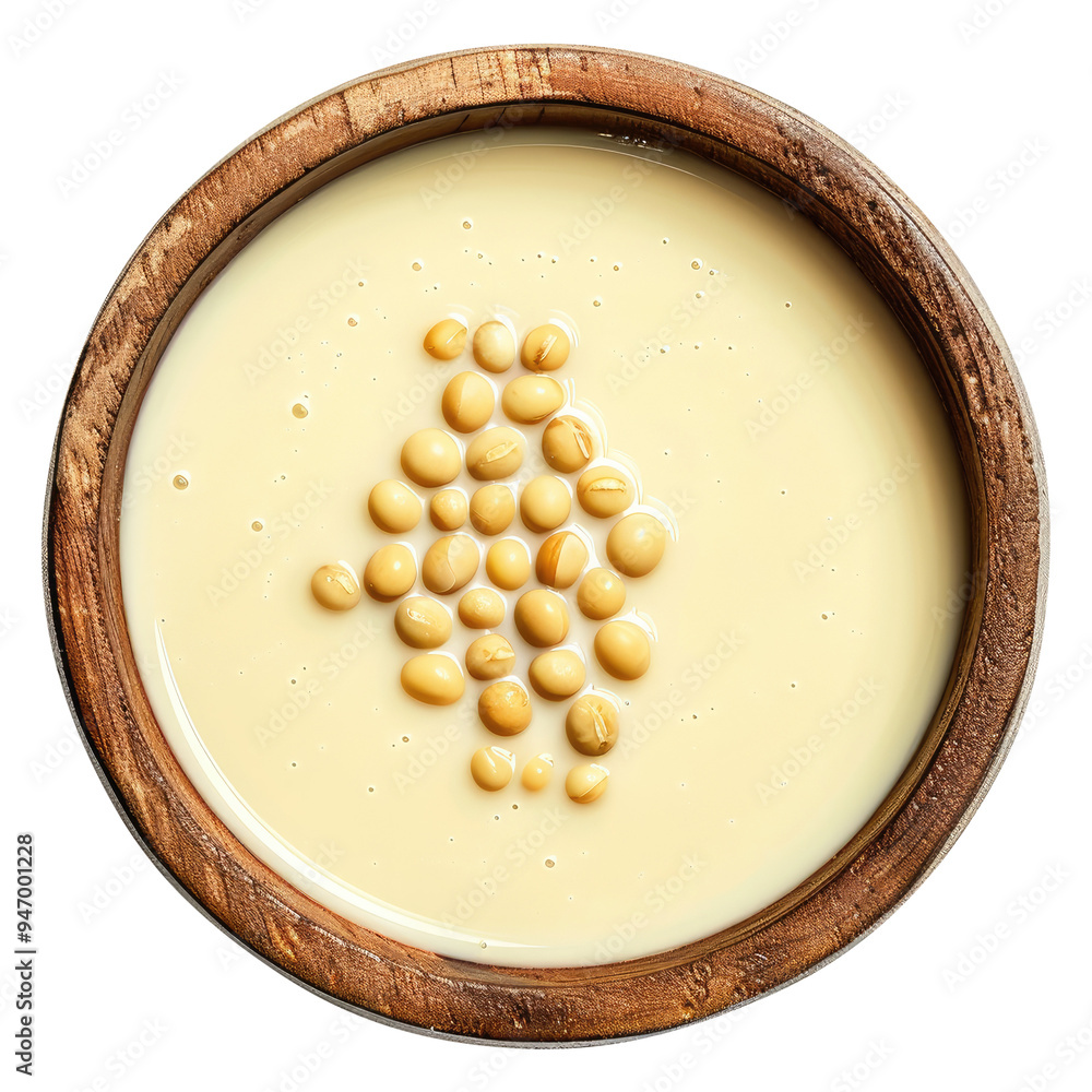 Soy milk in a bowl top view isolated on transparent white background, clipping path Soy milk in a bowl top view isolated on transparent white background, clipping path