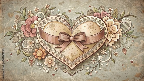 Whimsical distressed vector illustration of a ornate heart adorned with lace, florals, and ribbons, evoking a romantic nostalgia in a muted color palette.