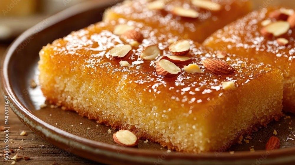 Close-up of a plate of Basbousa, a traditional semolina cake soaked in syrup and topped with almonds, served on a wooden table with a warm, golden background Close-up of a plate of Basbousa, a traditional semolina cake soaked in syrup and topped with almonds, served on a wooden table with a warm, golden background