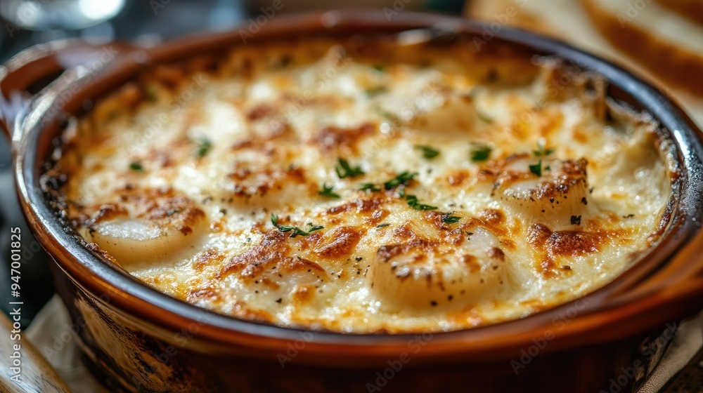 Close-up of a scallop cream gratin with bubbling cheese and a creamy, rich sauce, served in a rustic baking dish, highlighting a comforting seafood favorite Close-up of a scallop cream gratin with bubbling cheese and a creamy, rich sauce, served in a rustic baking dish, highlighting a comforting seafood favorite