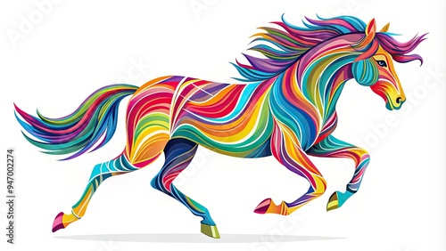 Whimsical illustration of a cheerful horse galloping freely, created with minimalist bold lines and vibrant colors, conveying carefree joy and effortless movement.