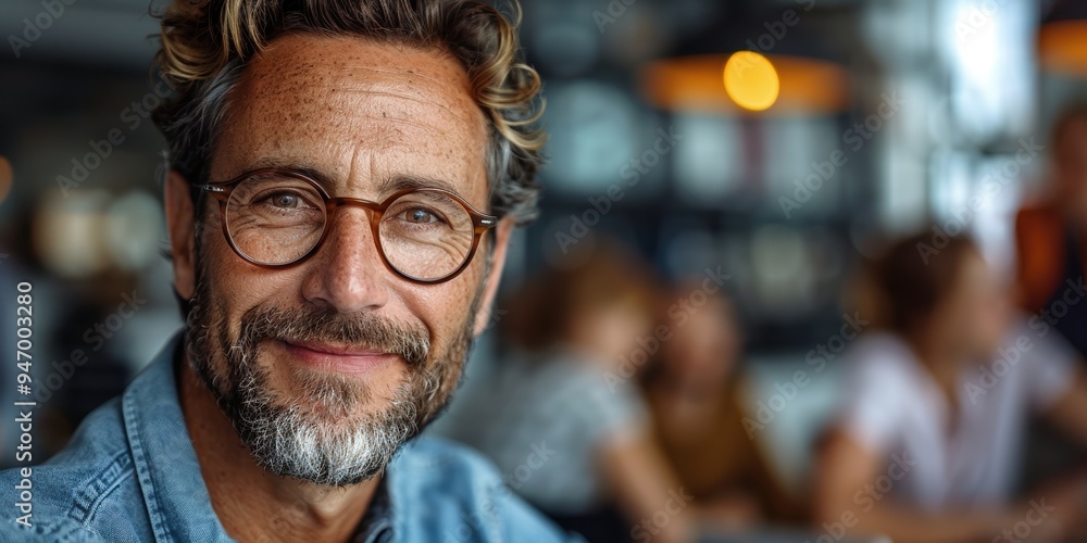 A middle-aged man wearing glasses and a denim shirt enjoys a relaxed moment with a warm smile in a cozy, blurred background setting A middle-aged man wearing glasses and a denim shirt enjoys a relaxed moment with a warm smile in a cozy, blurred background setting