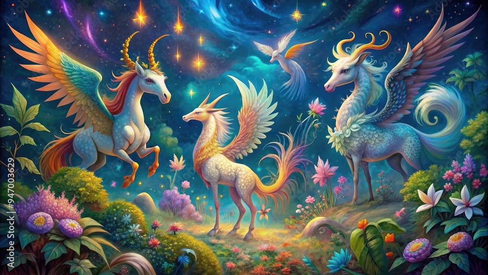 Whimsical illustration of fantastical creatures, including dragons, unicorns, and phoenixes, amidst mystical foliage and twinkling stars, evoking a sense of wonder and enchantment. Whimsical illustration of fantastical creatures, including dragons, unicorns, and phoenixes, amidst mystical foliage and twinkling stars, evoking a sense of wonder and enchantment.