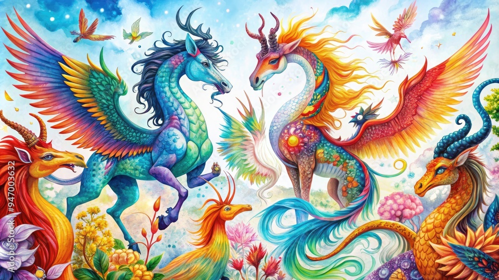 Whimsical illustration of fantastical beings, including dragons, unicorns, mermaids, and phoenixes, in bold black lines and vibrant colors against a white background. Whimsical illustration of fantastical beings, including dragons, unicorns, mermaids, and phoenixes, in bold black lines and vibrant colors against a white background.