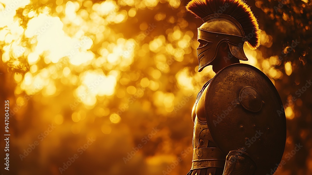A warrior dressed in shining golden armor stands against a bokeh of ...
