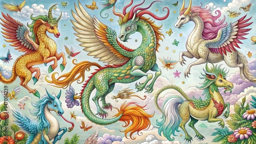 Wallpaper Mural Whimsical line drawings of mythical creatures, including dragons, unicorns, and phoenixes, in varied poses and settings, highlighting intricate details and fantastical elements. Torontodigital.ca