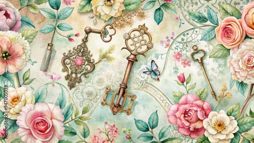 Whimsical watercolor illustration featuring distressed vintage elements, including floral patterns, antique keys, and lace, blended with soft pastel hues and subtle texture.
