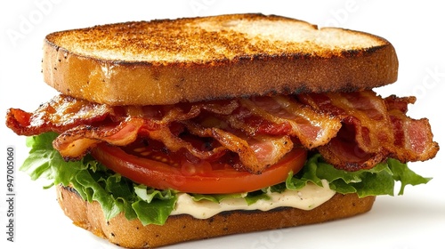 A gourmet BLT sandwich featuring thick-cut bacon, ripe tomatoes, crisp lettuce, and a smear of garlic aioli on toasted sourdough