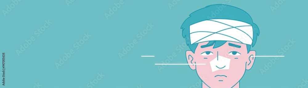 Cartoon Illustration of a Person with a Bandaged Head and a Band-Aid on Their Nose. Cartoon Illustration of a Person with a Bandaged Head and a Band-Aid on Their Nose.