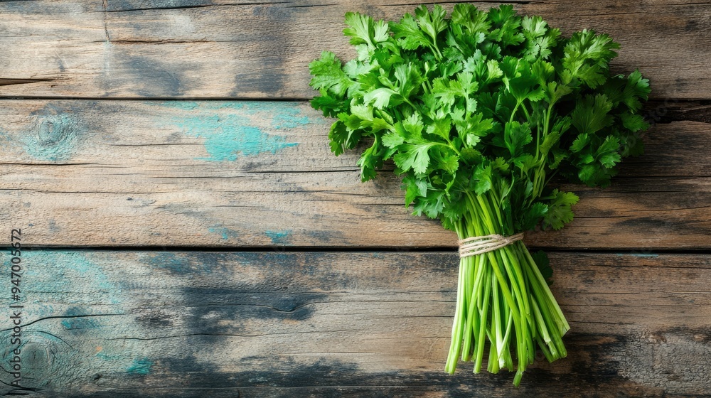 Fresh bunch of coriander on a wooden table, viewed from above. Vibrant greens against earthy wood tones, ideal for ingredient-themed visuals. Fresh bunch of coriander on a wooden table, viewed from above. Vibrant greens against earthy wood tones, ideal for ingredient-themed visuals.