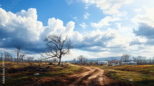 A small rural community after a natural disaster, with fallen trees and debris strewn across dirt roads, soft watercolor technique, subtle colors, wide-angle shot, serene yet chaotic. photo