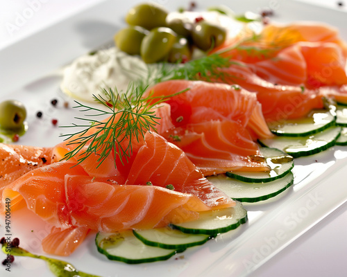 plate of salmon slices cucumber dill green olives