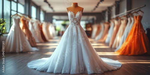 Stunning array of elegant bridal gowns showcased in a luxurious boutique, featuring a beautiful white wedding dress displayed prominently in the foreground photo