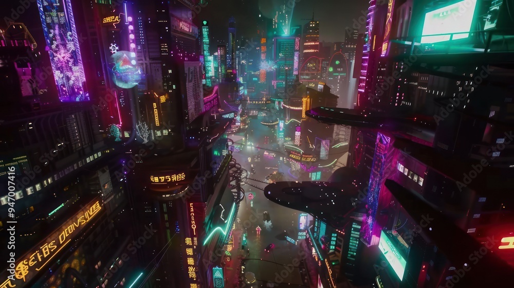 Futuristic Cityscape with Neon Lights and Flying Vehicles Futuristic Cityscape with Neon Lights and Flying Vehicles