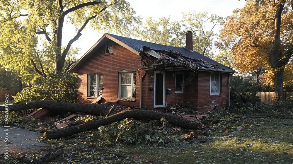 A suburban home crushed by fallen trees, with the roof caved in and windows shattered A suburban home crushed by fallen trees, with the roof caved in and windows shattered