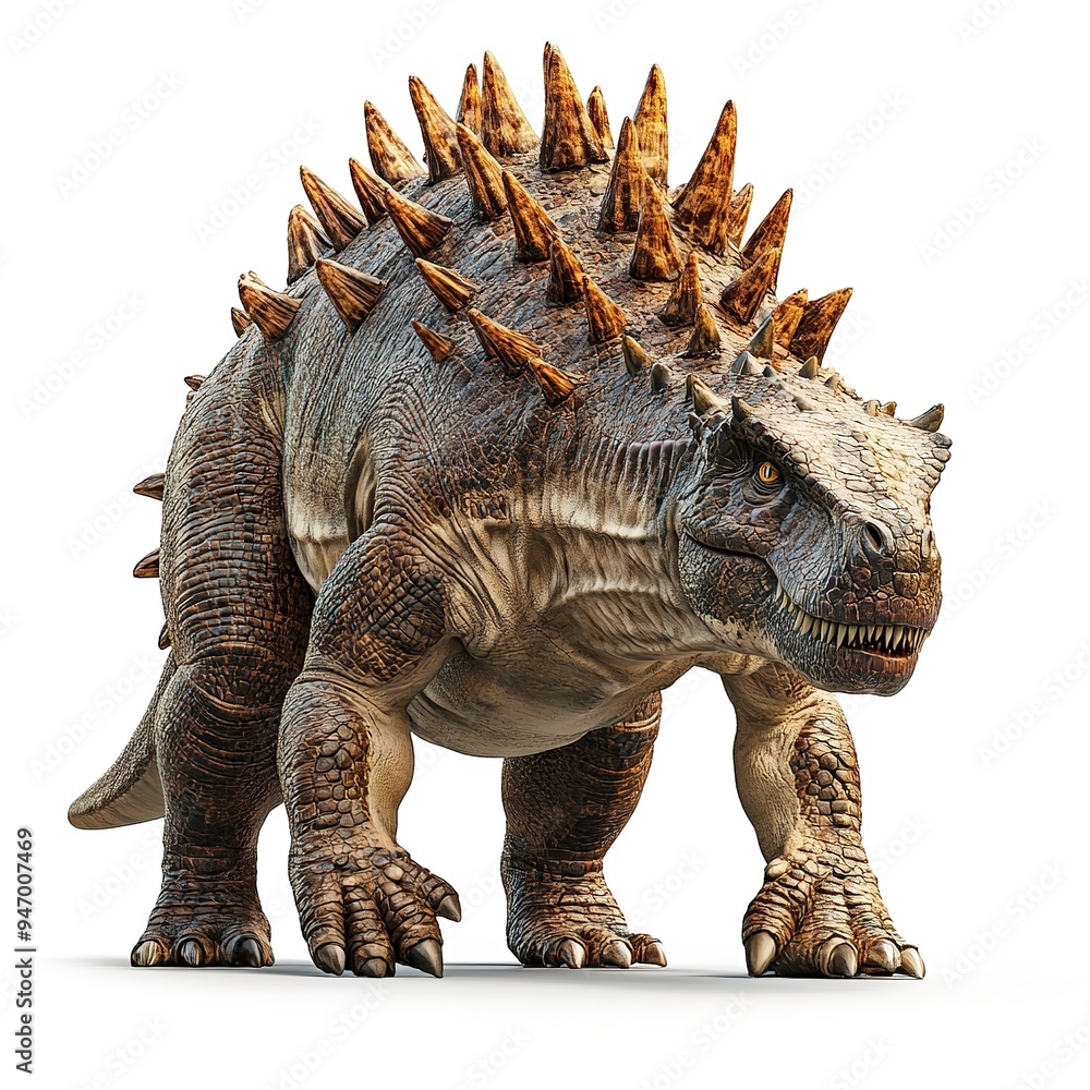 Fototapeta premium Realistic 3D rendering of a dinosaur with spiked plates on its back, walking against a white background 