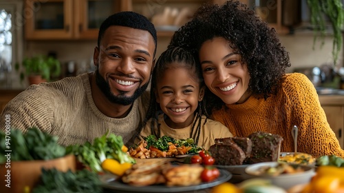 A happy family enjoys a delicious meal together at home, sharing laughter and love around a table brimming with comforting dishes.