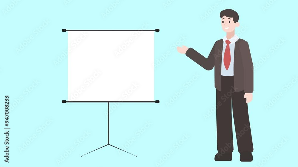 Looped cartoon animation, male character standing next to an empty board, gesturing toward it while giving a presentation. Business presentation, teaching, education concepts. Luma channel, chroma key Looped cartoon animation, male character standing next to an empty board, gesturing toward it while giving a presentation. Business presentation, teaching, education concepts. Luma channel, chroma key