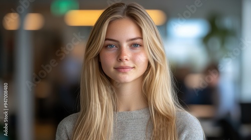 Wallpaper Mural A young woman with long blonde hair and blue eyes stands in an office setting, wearing a light grey sweater, with a blurred background that suggests a modern workspace Torontodigital.ca