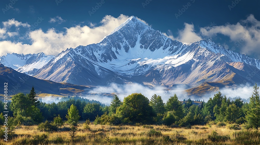 Fototapeta premium A majestic snowy mountain peak stands tall, surrounded by dense forest and wisps of fog that add a mystical quality to the landscape.