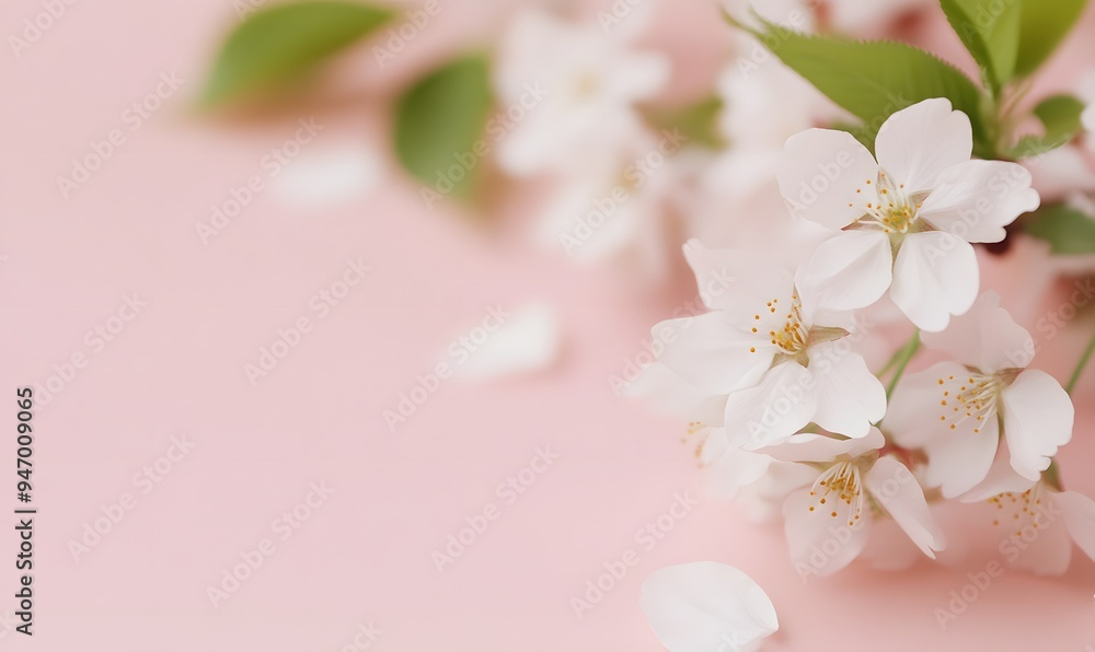A delicate and minimalist composition featuring scattered pink cherry blossom clusters and green leaves against a soft pastel pink background, Generative AI A delicate and minimalist composition featuring scattered pink cherry blossom clusters and green leaves against a soft pastel pink background, Generative AI
