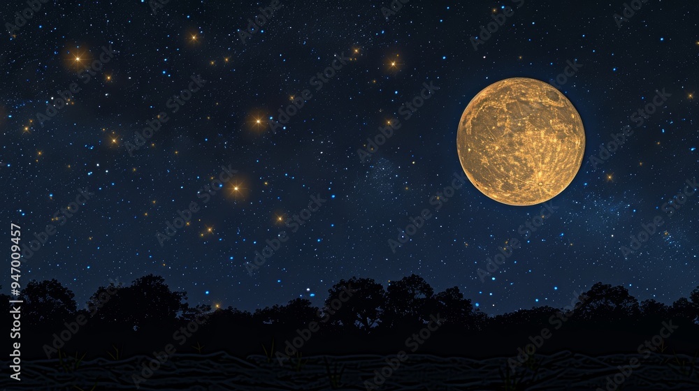 Tranquil scene of a bright full moon rising in a starry night sky with dark tree silhouettes in the foreground. Perfect for travel, tourism, and nature-themed projects. Tranquil scene of a bright full moon rising in a starry night sky with dark tree silhouettes in the foreground. Perfect for travel, tourism, and nature-themed projects.