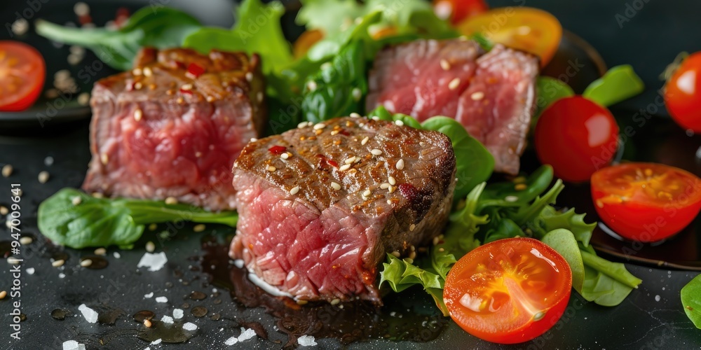 Japanese seared beef fillet with crisp lettuce and juicy tomatoes Japanese seared beef fillet with crisp lettuce and juicy tomatoes