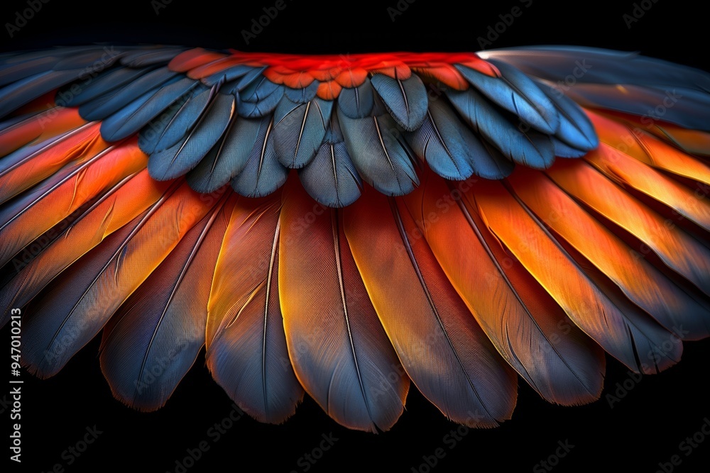 Fototapeta premium A stunningly vibrant and colorful composition of Macaw parrot wing feathers isolated on a black background. Perfect for adding a touch of the exotic to any project.