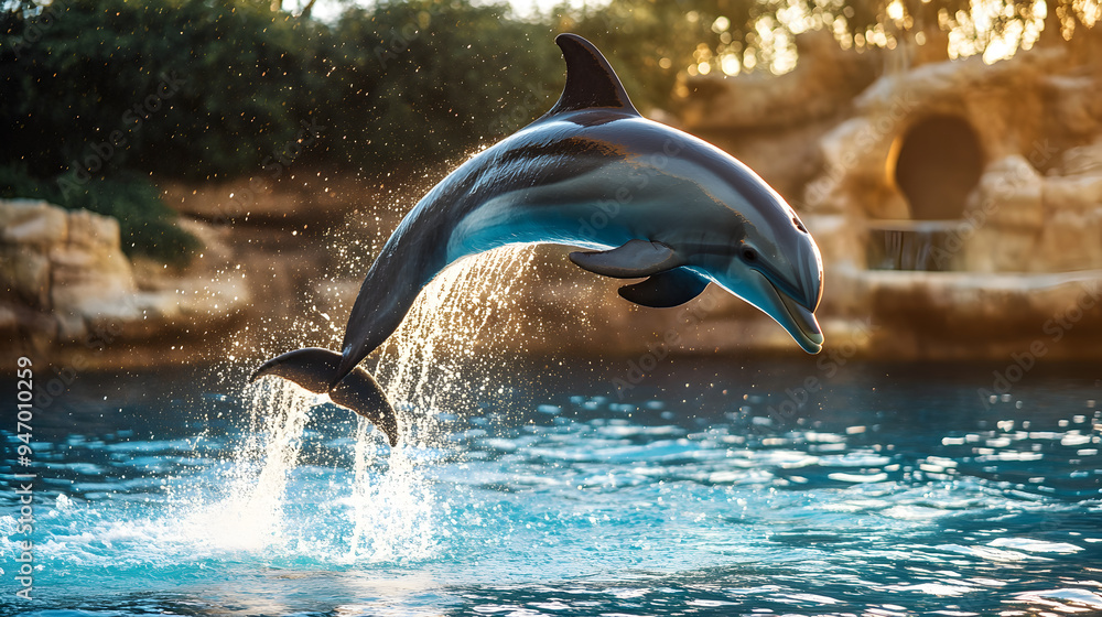 Fototapeta premium Playful Dolphin Leaping from Turquoise Waves in Tropical Seascape