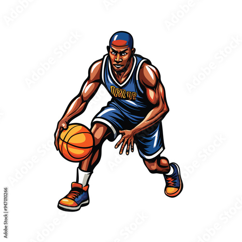 A realistic vector illustration of a basketball player dribbling a basketball in a dynamic pose, showcasing athleticism and skill.