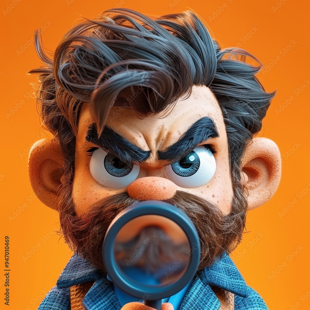 3D render of a man with brown hair, blue eyes, and a beard, wearing a blue tweed coat and brown vest, holding a magnifying glass, with an angry expression, isolated on an orange background. 3D render of a man with brown hair, blue eyes, and a beard, wearing a blue tweed coat and brown vest, holding a magnifying glass, with an angry expression, isolated on an orange background.