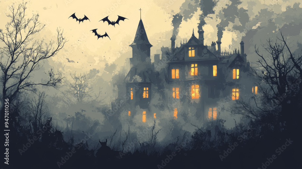 A mysterious and eerie image of a haunted mansion enveloped in thick fog, with bats circling overhead. A mysterious and eerie image of a haunted mansion enveloped in thick fog, with bats circling overhead.