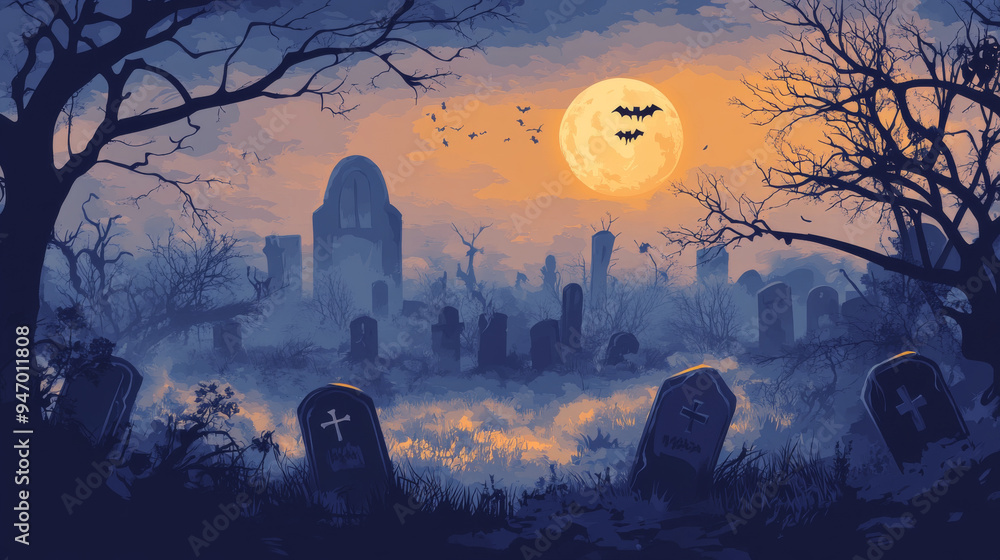 A misty graveyard scene with tombstones bathed in the eerie light of the moon. A misty graveyard scene with tombstones bathed in the eerie light of the moon.