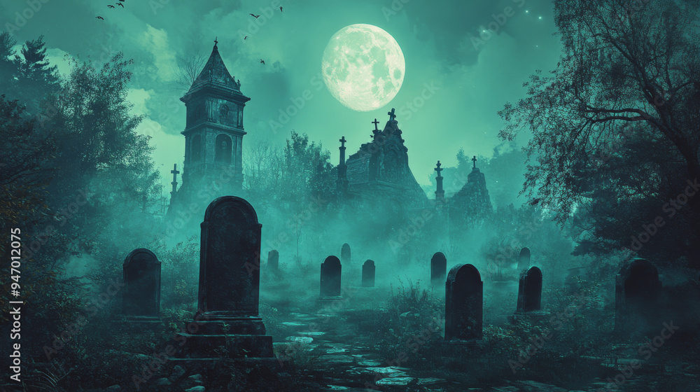 A spooky graveyard with mist drifting between tombstones, all under the eerie glow of the moon. A spooky graveyard with mist drifting between tombstones, all under the eerie glow of the moon.