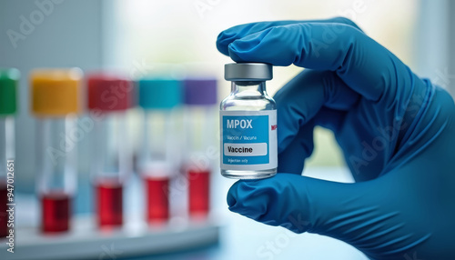 Close-up of doctor or nurse's hand in blue gloves holding small bottle of MPOX monkeypox vaccine on blurry medical office with laboratory sample vials and blood test tubes background.