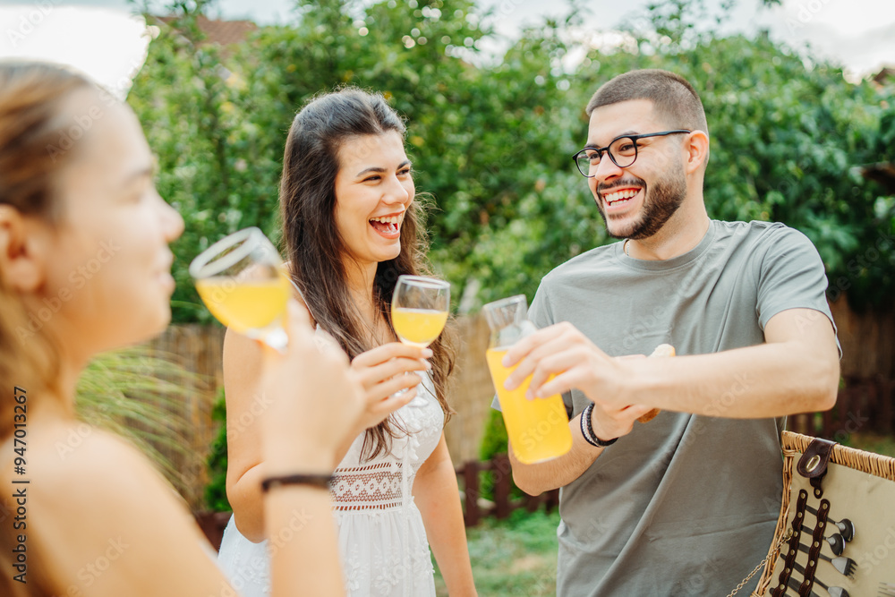 Group of three friends or family having picnic in backyard or garden Group of three friends or family having picnic in backyard or garden