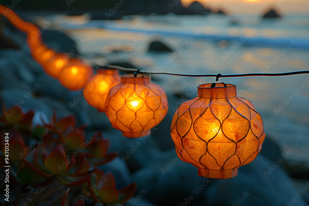 a string of lanterns with lights on
a string of lanterns with lights on